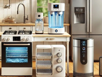 Modern home and kitchen appliances including blenders, coffee makers, and cookware