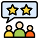 Icon depicting expert reviews and user feedback with a star and chat bubble