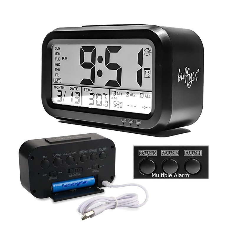 Bulfyss USB Rechargeable Digital Alarm Clock, Date, Temperature, Backlight LCD Display Smart Clock with 3 Alarms Bedroom Table Desk (Black)